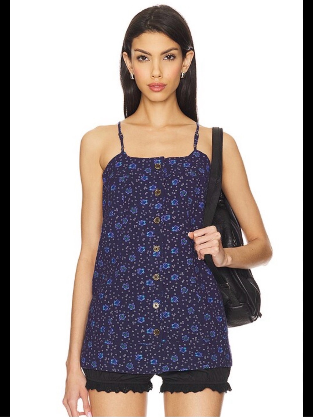 Free People Navy Blue Floral Button-Front Cami
